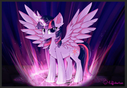 Size: 854x593 | Tagged: safe, artist:muffinkarton, character:twilight sparkle, character:twilight sparkle (alicorn), species:alicorn, species:pony, female, glowing horn, looking at you, magic, magic circle, mare