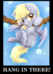 Size: 1024x1448 | Tagged: safe, artist:tokokami, character:derpy hooves, species:pegasus, species:pony, blushing, cute, derpabetes, female, hang in there, hanging, mare, motivational poster, solo