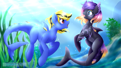 Size: 1920x1080 | Tagged: safe, artist:tokokami, oc, oc:blooming lotus, oc:thunder lightning, looking at each other, sharkified, thunming