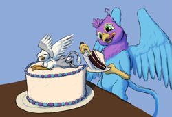 Size: 679x465 | Tagged: safe, artist:gyrotech, artist:silent-e, edit, oc, oc only, oc:der, oc:gyro feather, oc:gyro tech, species:griffon, cake, color edit, colored, food, griffonized, micro, species swap