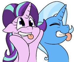 Size: 631x531 | Tagged: safe, artist:bennimarru, character:starlight glimmer, character:trixie, flat colors, scrunchy face, silly face, simple background, smiling, tongue out, transparent background