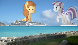 Size: 1600x928 | Tagged: safe, artist:gyrotech, artist:silentmatten, artist:somerandomminion, character:twilight velvet, oc, oc:cream heart, species:pony, cruise ship, eyes closed, giant pony, highrise ponies, irl, island, macro, ocean, photo, photoshop, ponies in real life, size difference, smiling, vector