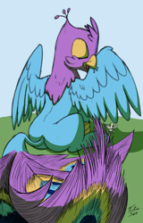 Size: 1946x3035 | Tagged: safe, artist:gyrotech, artist:tsitra360, edit, oc, oc only, oc:der, oc:gyro feather, oc:gyro tech, species:griffon, behaving like a bird, birds doing bird things, color edit, colored, duo, feather, griffonized, male, micro, preening, sketch, species swap, tail