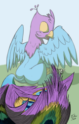 Size: 1946x3035 | Tagged: safe, artist:gyrotech, artist:tsitra360, edit, oc, oc only, oc:der, oc:gyro feather, oc:gyro tech, species:griffon, behaving like a bird, birds doing bird things, color edit, colored, duo, feather, griffonized, male, micro, preening, sketch, species swap, tail