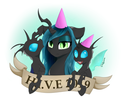 Size: 1280x1047 | Tagged: safe, artist:muffinkarton, character:queen chrysalis, species:changeling, species:pony, bust, changeling queen, clothing, cute, cutealis, cuteling, female, gradient background, hat, hive, party hat, queen chrysalis is not amused, signature, text, trio, unamused