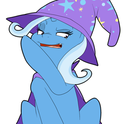 Size: 1280x1280 | Tagged: safe, artist:bennimarru, character:trixie, species:pony, cape, clothing, flat colors, hat, open mouth, raised eyebrow, simple background, sitting, sneer, solo, transparent background, trixie's cape, trixie's hat