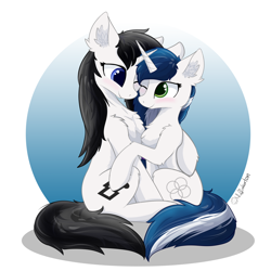 Size: 1280x1280 | Tagged: safe, artist:muffinkarton, oc, oc only, oc:muffinkarton, oc:white noise, species:pony, species:unicorn, blushing, chest fluff, eye contact, female, hug, looking at each other, mare, one eye closed, sitting, smiling