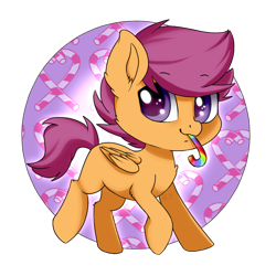 Size: 688x688 | Tagged: safe, artist:tokokami, character:scootaloo, species:pegasus, species:pony, candy, candy cane, cute, cutealoo, female, filly, food, mouth hold, simple background, solo, transparent background