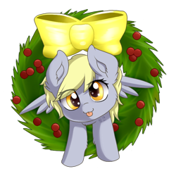Size: 688x688 | Tagged: safe, artist:tokokami, character:derpy hooves, species:pony, blep, chibi, cute, derpabetes, female, mare, ribbon, silly, solo, tongue out, wreath