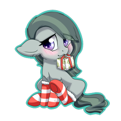 Size: 688x688 | Tagged: safe, artist:tokokami, character:marble pie, species:earth pony, species:pony, blushing, christmas, christmas gift, clothing, cute, eye clipping through hair, female, floppy ears, holiday, marblebetes, mare, mouth hold, present, simple background, socks, solo, stockings, striped socks, thigh highs, transparent background
