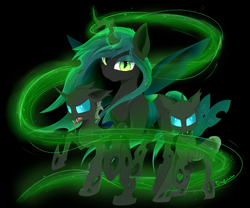 Size: 5689x4731 | Tagged: safe, artist:muffinkarton, character:queen chrysalis, species:changeling, species:pony, absurd resolution, changeling queen, fangs, female, glowing horn, group, hive, looking at you, magic