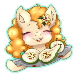 Size: 688x688 | Tagged: safe, artist:tokokami, character:pear butter, species:earth pony, species:pony, blushing, cute, eyes closed, female, food, mare, pear, pearabetes, simple background, smiling, solo, transparent background