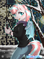Size: 1200x1600 | Tagged: safe, artist:tokokami, oc, oc only, oc:wild thing, species:anthro, species:bat pony, g4, anthro oc, bat pony oc, blushing, cellphone, cheek fluff, clothing, cute, ear fluff, female, jeans, looking at you, mare, ocbetes, open mouth, open smile, pants, phone, scarf, signature, smartphone, smiling, smiling at you, solo, sweater, three quarter view, winter