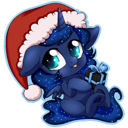 Size: 688x688 | Tagged: safe, artist:tokokami, character:princess luna, species:alicorn, species:pony, chibi, christmas, clothing, cute, female, hat, holiday, lunabetes, mare, present, santa hat, solo