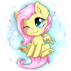 Size: 590x590 | Tagged: safe, artist:tokokami, character:fluttershy, species:pegasus, species:pony, :3, blushing, chibi, cute, female, looking away, mare, one eye closed, shyabetes, sitting, smiling, solo, spread wings, wings, wink