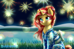 Size: 4960x3295 | Tagged: safe, artist:tokokami, character:sunset shimmer, species:pony, species:unicorn, clothing, cute, female, fireworks, happy new year, holiday, kimono (clothing), mare, night, shimmerbetes, solo