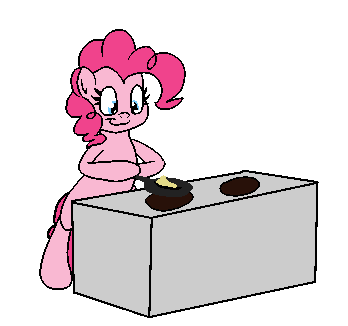 Size: 348x326 | Tagged: safe, artist:bennimarru, character:pinkie pie, animated, bipedal, cooking, flat colors, food, fried rice, frying pan, gif, hoof hold, open mouth, rice, simple background, smiling, solo, stove, transparent background