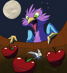 Size: 2374x2580 | Tagged: safe, artist:eyeofcalamity, artist:gyrotech, edit, oc, oc:der, oc:gyro feather, oc:gyro tech, species:griffon, apple, bobbing, color edit, colored, food, griffonized, imminent vore, male, micro, species swap