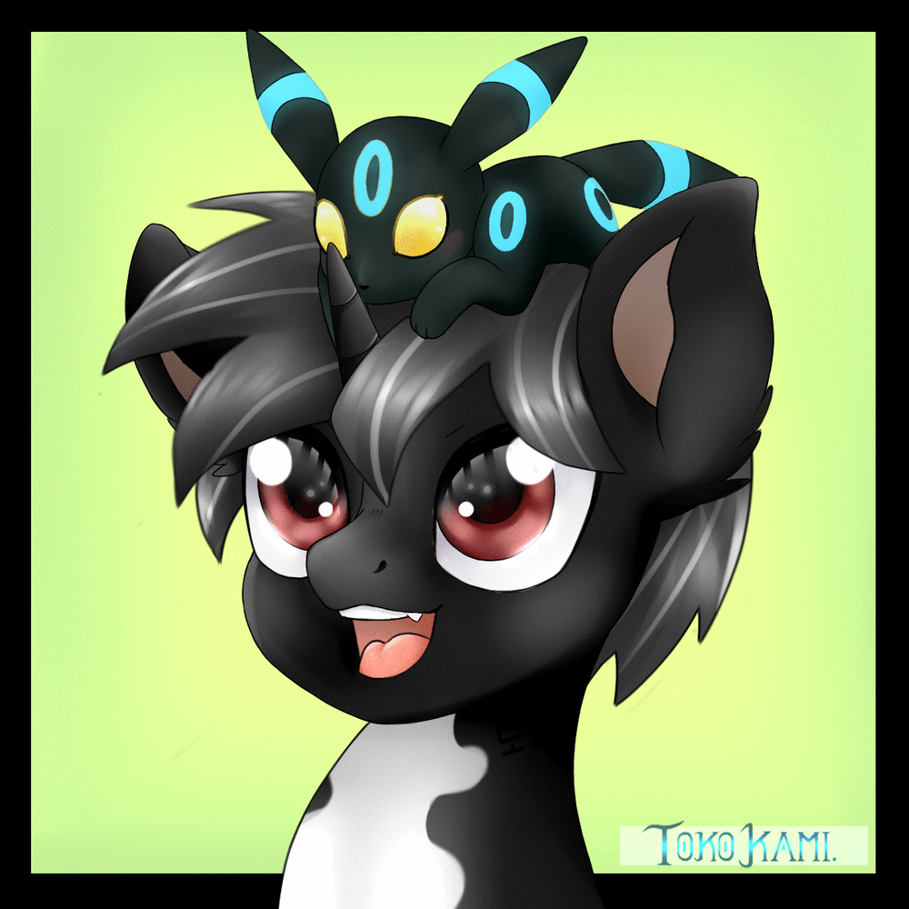 Size: 1000x1000 | Tagged: safe, artist:tokokami, oc, oc only, oc:dog whisperer, species:pony, species:unicorn, animated, black mane, bust, crossover, cute, duo, happy, looking at you, looking up, male, open mouth, pokémon, shiny, shiny pokémon, sitting on, sitting on head, sitting on pony, smiling, solo, stallion, starry eyes, umbreon, wingding eyes, ych result