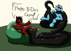 Size: 1237x883 | Tagged: safe, artist:gyrotech, artist:kassc, oc, oc:gyro tech, oc:losian, species:pony, species:unicorn, birthday, coils, impossibly long tail, male, my little pony, prehensile tail