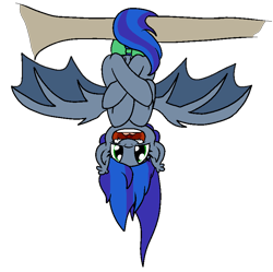 Size: 777x774 | Tagged: safe, artist:bennimarru, oc, oc:lunar aurora, species:bat pony, species:pony, bat pony oc, bat wings, colored, crossed legs, flat colors, hanging, hanging upside down, open mouth, simple background, smiling, spread wings, transparent background, tree branch, upside down, wings