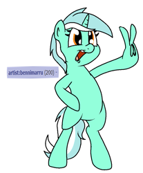 Size: 753x911 | Tagged: safe, artist:bennimarru, derpibooru original, character:lyra heartstrings, derpibooru, bipedal, colored, fingers, flat colors, hoof fingers, meta, open mouth, peace sign, simple background, smiling, solo, suddenly hands, tags, that pony sure does love humans, white background