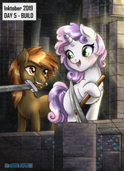 Size: 2550x3507 | Tagged: safe, artist:tokokami, character:button mash, character:sweetie belle, species:earth pony, species:pony, species:unicorn, inktober, colt, female, filly, hoof hold, inktober 2019, male, minecraft, mouth hold, pickaxe, sword, weapon