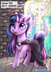Size: 2149x3035 | Tagged: safe, artist:tokokami, character:twilight sparkle, character:twilight sparkle (unicorn), species:pony, species:unicorn, :o, cloak, clothing, colored hooves, ear fluff, female, mare, open mouth, raised hoof, solo, stained glass, wide eyes
