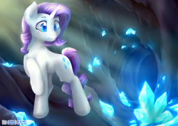 Size: 800x566 | Tagged: safe, artist:tokokami, character:rarity, species:pony, species:unicorn, cave, cavern, crepuscular rays, crystal, cutie mark, female, gem cave, looking at something, looking down, mare, obtrusive watermark, raised hoof, smiling, solo, watermark