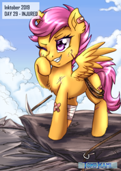 Size: 2149x3035 | Tagged: safe, artist:tokokami, character:scootaloo, species:pegasus, species:pony, inktober, bandaid, cloud, digital art, female, filly, grin, injured, inktober 2019, one eye closed, pickaxe, raised hoof, rope, smiling, solo