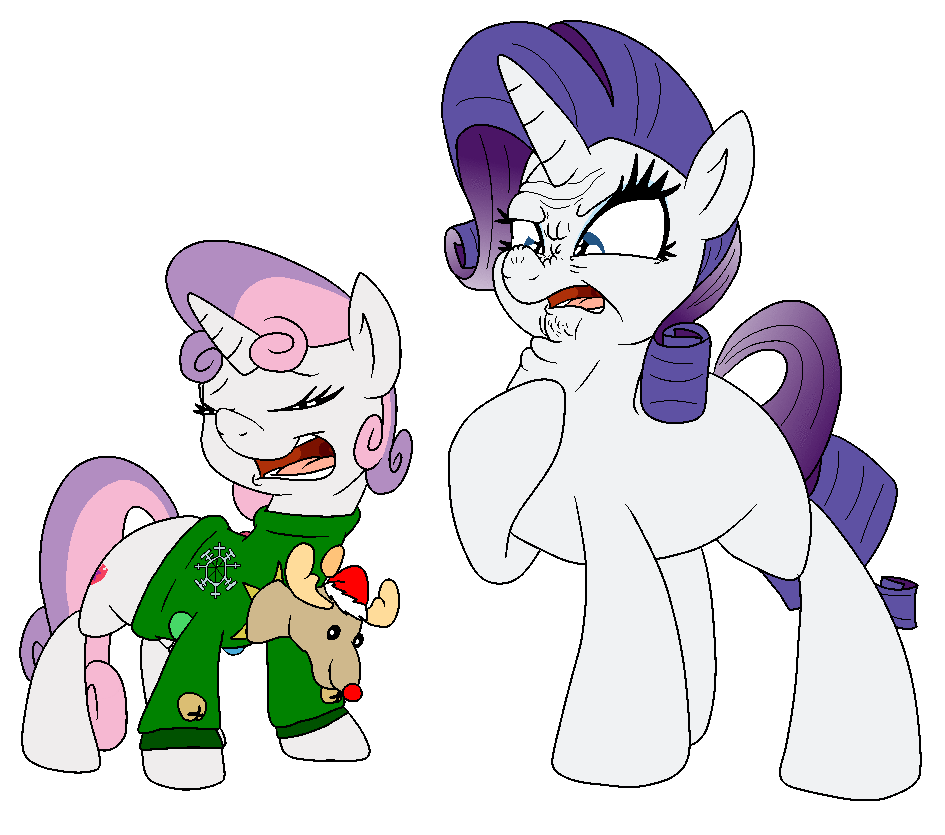 Size: 945x835 | Tagged: safe, artist:bennimarru, character:rarity, character:sweetie belle, species:deer, species:pony, species:reindeer, species:unicorn, animated, bell, christmas, christmas lights, christmas sweater, clothing, colored, disgusted, flat colors, gif, holiday, simple background, sweater, transparent background, ugly sweater
