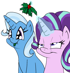 Size: 914x950 | Tagged: safe, artist:bennimarru, character:starlight glimmer, character:trixie, ship:startrix, christmas, colored, done with your shit, eating, female, flat colors, herbivore, holiday, holly, holly mistaken for mistletoe, leaf, lesbian, magic, magic aura, shipping, simple background, this will end in death, this will end in tears, this will end in tears and/or death, transparent background