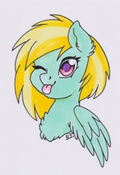 Size: 2941x4274 | Tagged: safe, artist:tokokami, oc, oc:cloud cuddler, species:pegasus, species:pony, blep, bust, one eye closed, portrait, scan, tongue out, traditional art