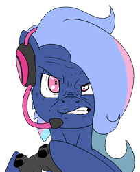 Size: 562x688 | Tagged: safe, artist:bennimarru, oc, oc:bit rate, angry, colored, concentrating, controller, flat colors, headset, hoof hold, simple background, transparent background