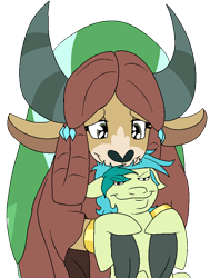 Size: 689x909 | Tagged: safe, artist:bennimarru, character:sandbar, character:yona, species:earth pony, species:pony, species:yak, ship:yonabar, cloven hooves, colored, female, flat colors, hug, male, monkey swings, older, older sandbar, older yona, shipping, simple background, smiling, smug, straight, transparent background