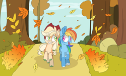 Size: 5909x3545 | Tagged: safe, artist:taaffeite, derpibooru original, character:applejack, character:rainbow dash, species:earth pony, species:pegasus, species:pony, newbie artist training grounds, episode:fall weather friends, g4, my little pony: friendship is magic, absurd resolution, alternate color palette, alternate design, atg 2020, coat markings, colored hooves, duo, female, high res, leaves, looking at each other, mare, redraw, running, running of the leaves, scene interpretation, socks (coat marking), tree