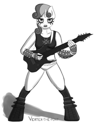 Size: 1921x2500 | Tagged: safe, artist:vertex-the-pony, character:sweetie belle, species:anthro, boots, breasts, bullet belt, female, guitar, metal belle, monochrome, simple background, solo, white background