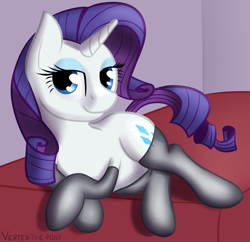 Size: 2633x2549 | Tagged: safe, artist:vertex-the-pony, character:rarity, species:pony, species:unicorn, bed, bedroom eyes, clothing, eyeshadow, female, lidded eyes, lying on bed, makeup, mare, smiling, stockings