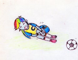 Size: 1529x1179 | Tagged: artist needed, safe, anonymous artist, character:rainbow dash, my little pony:equestria girls, >.<, eyes closed, female, football, injured, solo, traditional art