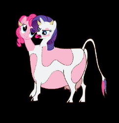 Size: 991x1023 | Tagged: artist needed, safe, character:pinkie pie, character:rarity, species:cow, black background, conjoined, fusion, not salmon, raricow, simple background, species swap, two heads, udder, wat, we have become one