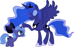 Size: 1493x993 | Tagged: artist needed, source needed, safe, character:princess luna, cute, duality, filly, hair bow, lunabetes, self ponidox, simple background, smiling, time paradox, transparent background, vector, woona