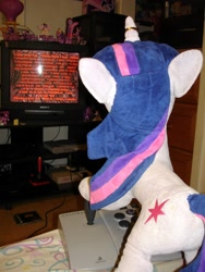 Size: 1944x2592 | Tagged: artist needed, safe, character:twilight sparkle, brushable, doom, final doom, horn ring, irl, jin, mcdonald's happy meal toys, multeity, photo, playstation, plushie, sparkle sparkle sparkle, television, text, toy