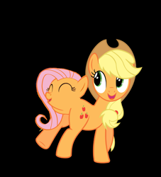Size: 2257x2481 | Tagged: artist needed, source needed, useless source url, safe, character:applejack, character:fluttershy, ship:appleshy, black background, female, flutterrange, food, fusion, hilarious in hindsight, lesbian, not salmon, orange, orangified, shipping, simple background, transformation, two heads, wat, we have become one, what has magic done