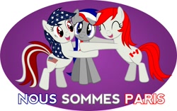Size: 960x603 | Tagged: artist needed, safe, species:pony, nation ponies, canada, france, hug, paris, ponified, stand with paris, united states