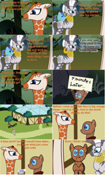 Size: 1809x3021 | Tagged: artist needed, safe, character:zecora, oc, oc:bamboo, oc:timber the wood pony, species:zebra, affection, blue prints, earring, everfree forest, giraffe, goo pony, greenhouse, kiss mark, noise, original species, piercing, that was fast, time card, trail, tree, wood pony