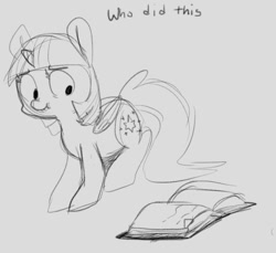 Size: 599x548 | Tagged: artist needed, safe, character:twilight sparkle, character:twilight sparkle (alicorn), species:alicorn, species:pony, adorkable, book, concerned, cute, dialogue, dork, female, mare, monochrome, scrunchy face, sketch, solo, twiabetes