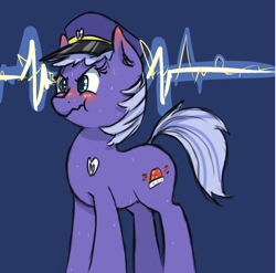 Size: 980x970 | Tagged: artist needed, safe, oc, oc:blue fuzz, angry, blushing, cute, ear blush, police pony, scrunchy face, sweat