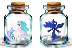 Size: 1200x800 | Tagged: artist needed, safe, character:princess celestia, character:princess luna, species:alicorn, species:pony, bottle, female, mare, pony in a bottle