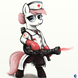Size: 900x900 | Tagged: artist needed, source needed, safe, character:nurse redheart, species:earth pony, species:pony, bipedal, clothing, female, mare, medic, solo, team fortress 2