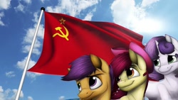 Size: 852x480 | Tagged: artist needed, safe, character:apple bloom, character:scootaloo, character:sweetie belle, species:pegasus, species:pony, communism, communism is magic, cutie mark crusaders, flag, hammer and sickle, ponies, soviet, soviet union